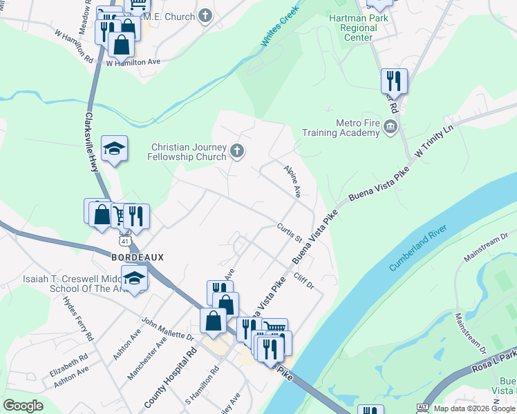 map of restaurants, bars, coffee shops, grocery stores, and more near 3217 Curtis Street in Nashville