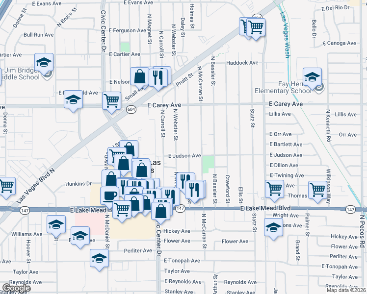 map of restaurants, bars, coffee shops, grocery stores, and more near 2215 Daley Street in North Las Vegas