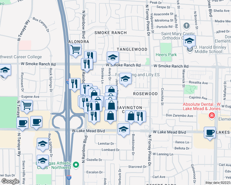 map of restaurants, bars, coffee shops, grocery stores, and more near 2209 James Bilbray Drive in Las Vegas