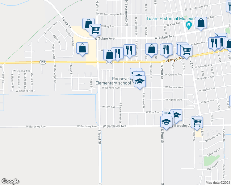 map of restaurants, bars, coffee shops, grocery stores, and more near 526 South Santa Clara Street in Tulare