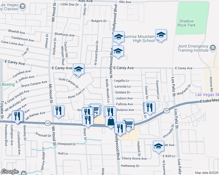 map of restaurants, bars, coffee shops, grocery stores, and more near 2217 Bridle Wreath Lane in Las Vegas