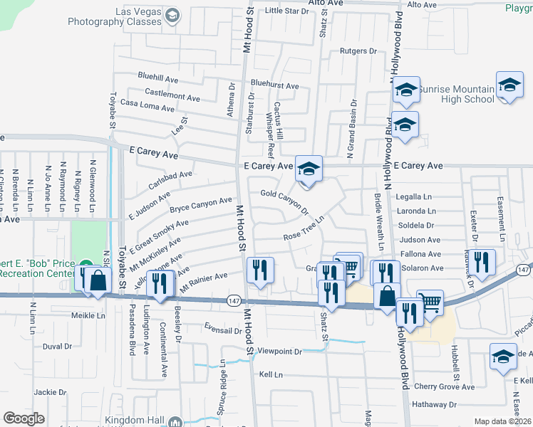 map of restaurants, bars, coffee shops, grocery stores, and more near 6409 Rosemount Avenue in Las Vegas
