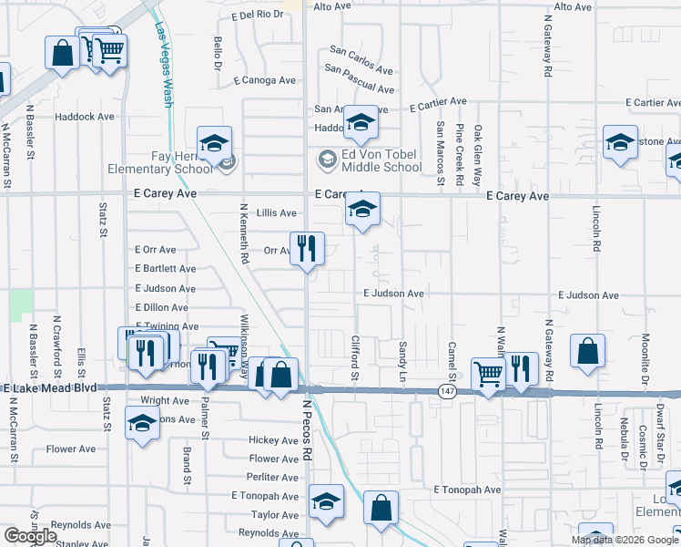 map of restaurants, bars, coffee shops, grocery stores, and more near 2215 Clifford Street in Las Vegas
