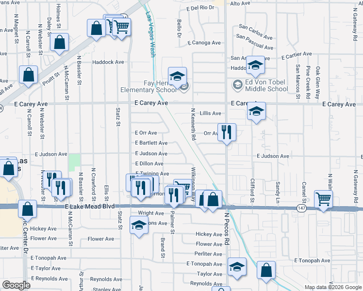map of restaurants, bars, coffee shops, grocery stores, and more near 3405 Judson Avenue in North Las Vegas
