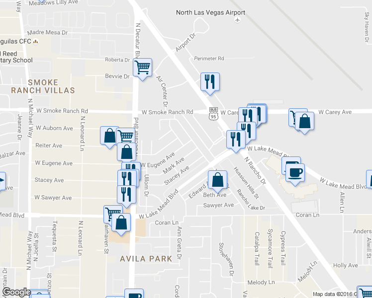map of restaurants, bars, coffee shops, grocery stores, and more near 4409 Mark Avenue in Las Vegas