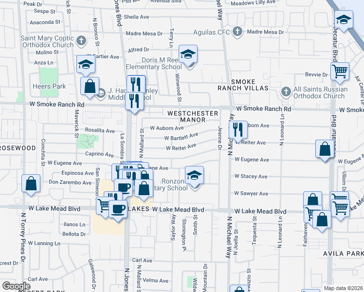 map of restaurants, bars, coffee shops, grocery stores, and more near 5712 West Balzar Avenue in Las Vegas