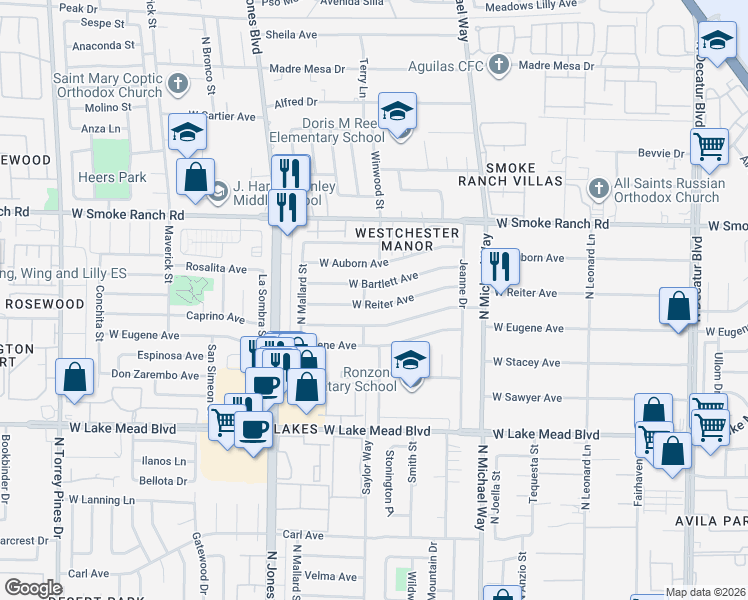 map of restaurants, bars, coffee shops, grocery stores, and more near 5712 West Balzar Avenue in Las Vegas