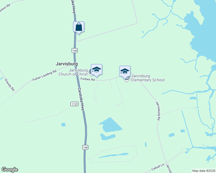 map of restaurants, bars, coffee shops, grocery stores, and more near 102 Indian Kettle Rd in Jarvisburg