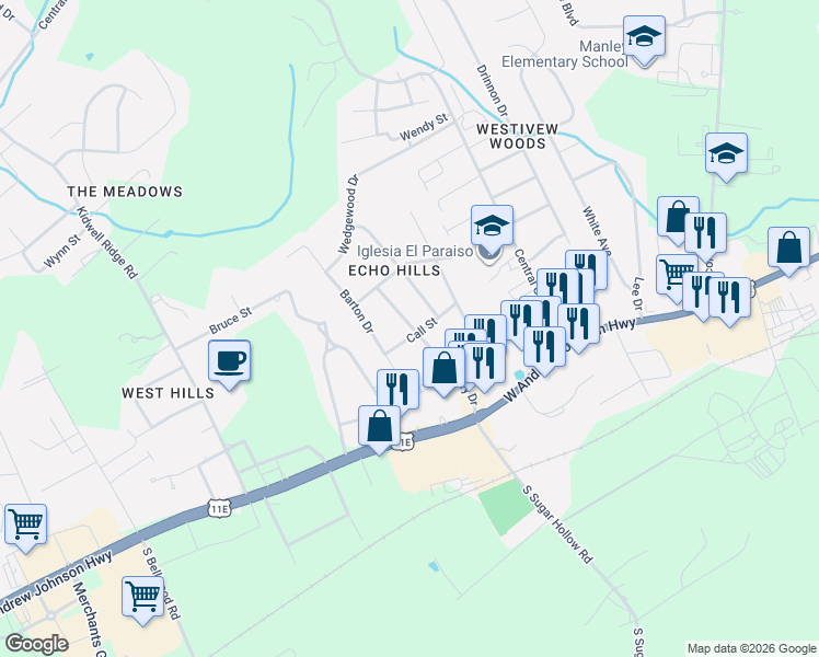 map of restaurants, bars, coffee shops, grocery stores, and more near 3607 Call Street in Morristown