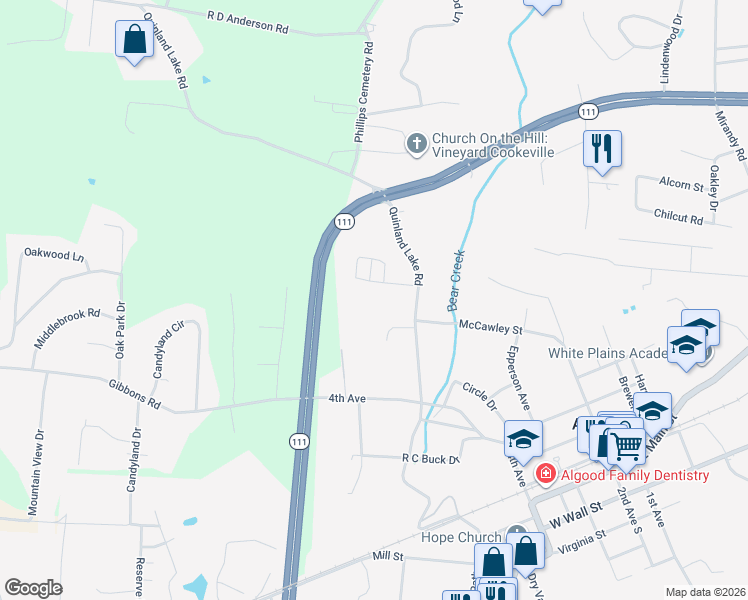 map of restaurants, bars, coffee shops, grocery stores, and more near 300 Quinland Lake Court in Cookeville