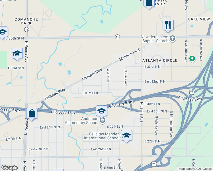 map of restaurants, bars, coffee shops, grocery stores, and more near 3121 North Wheeling Place in Tulsa