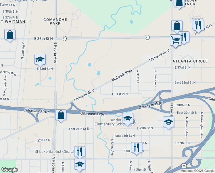 map of restaurants, bars, coffee shops, grocery stores, and more near 3109 North Troost Avenue in Tulsa