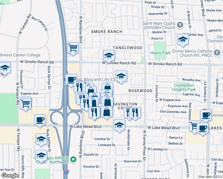 map of restaurants, bars, coffee shops, grocery stores, and more near 2209 James Bilbray Drive in Las Vegas