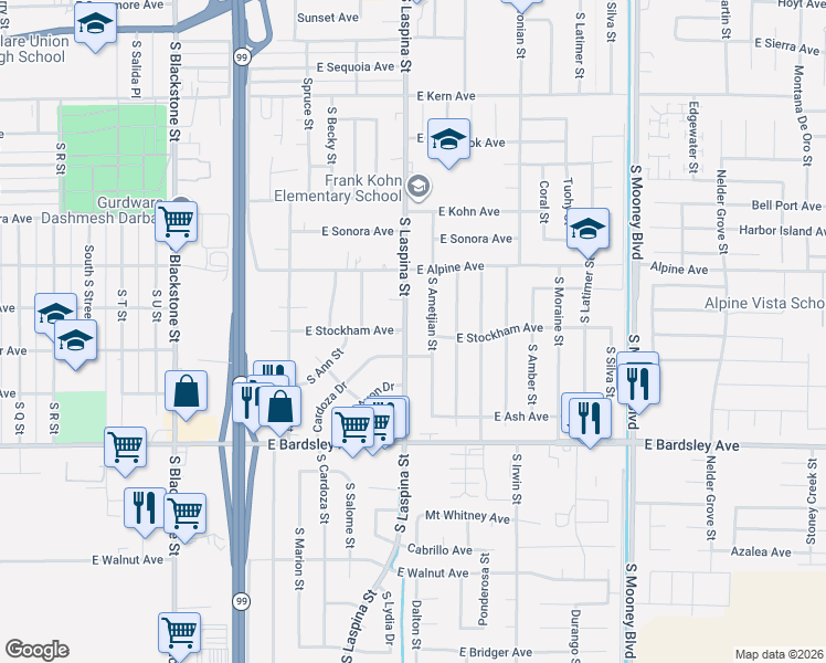 map of restaurants, bars, coffee shops, grocery stores, and more near 1629 East Cardoza Avenue in Tulare