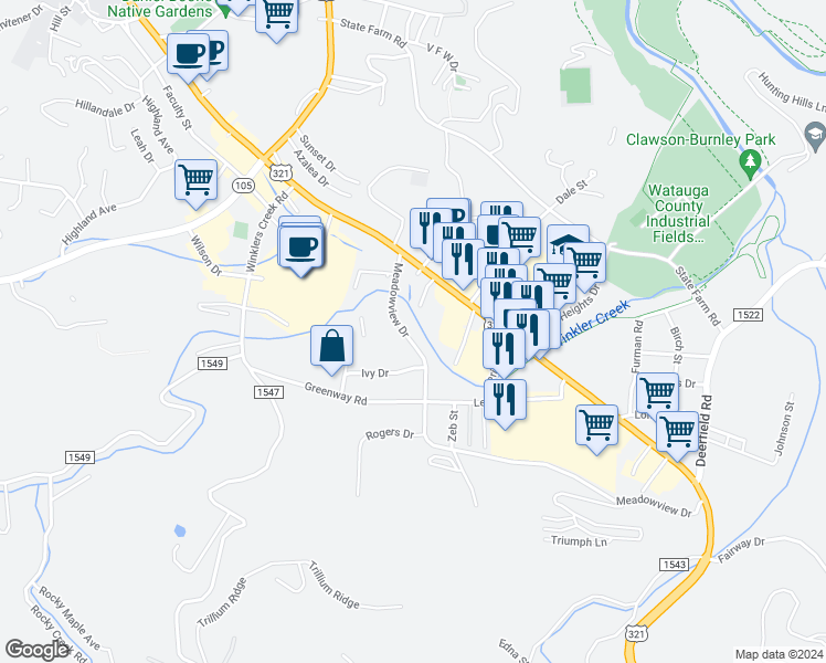 map of restaurants, bars, coffee shops, grocery stores, and more near 265 Meadowview Drive in Boone