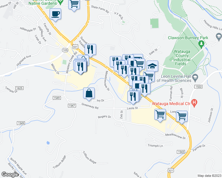 map of restaurants, bars, coffee shops, grocery stores, and more near 265 Meadowview Drive in Boone