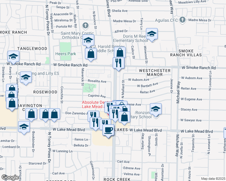 map of restaurants, bars, coffee shops, grocery stores, and more near 2221 La Sombra Street in Las Vegas