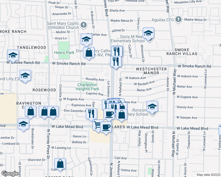 map of restaurants, bars, coffee shops, grocery stores, and more near 2221 La Sombra Street in Las Vegas