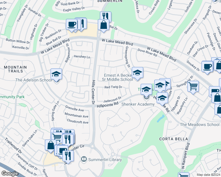 map of restaurants, bars, coffee shops, grocery stores, and more near 2124 Crooked Pine Drive in Las Vegas