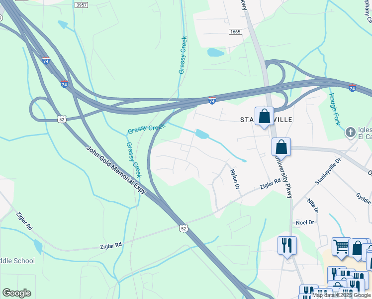 map of restaurants, bars, coffee shops, grocery stores, and more near 5800 Nylon Drive in Winston-Salem