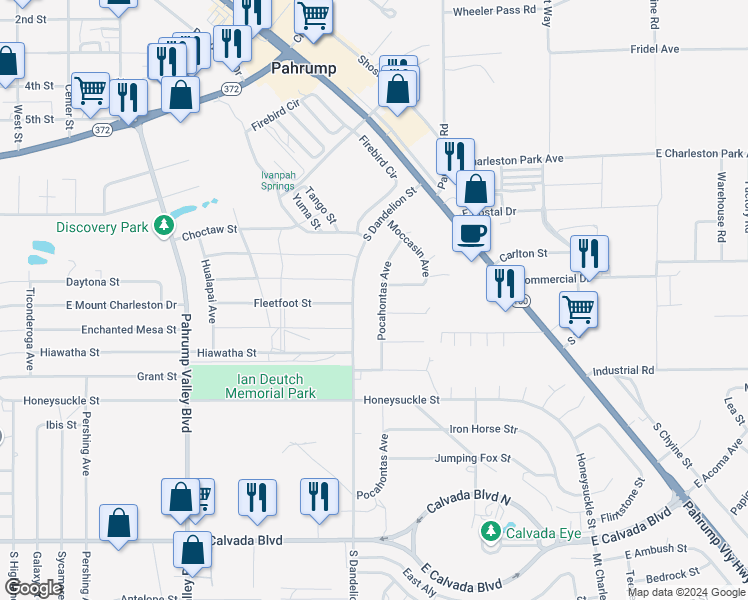 map of restaurants, bars, coffee shops, grocery stores, and more near 1320 Pocahontas Avenue in Pahrump