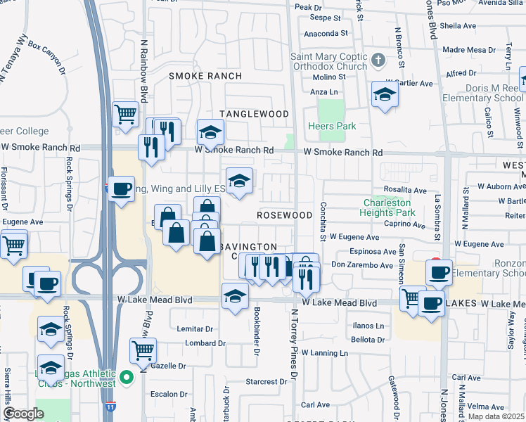 map of restaurants, bars, coffee shops, grocery stores, and more near 6469 Blue Blossom Drive in Las Vegas