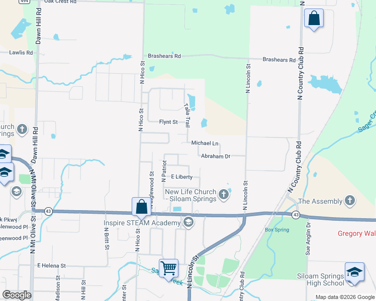 map of restaurants, bars, coffee shops, grocery stores, and more near 1200 Coleson Court in Siloam Springs