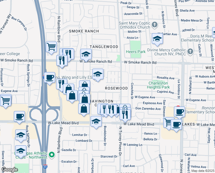 map of restaurants, bars, coffee shops, grocery stores, and more near 6469 Blue Blossom Drive in Las Vegas