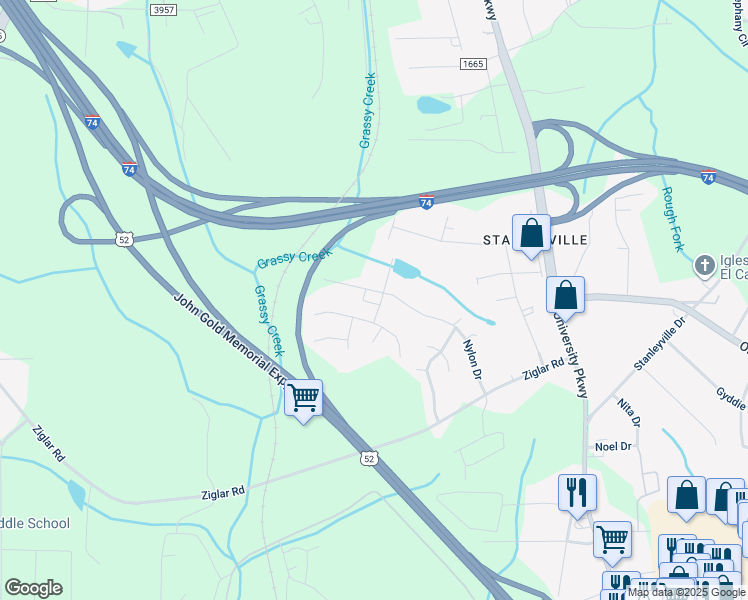 map of restaurants, bars, coffee shops, grocery stores, and more near 5800 Nylon Drive in Winston-Salem