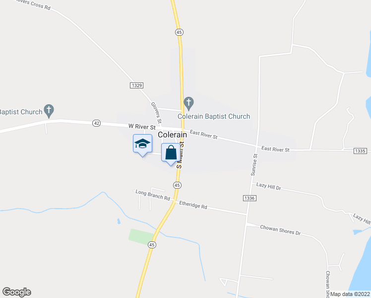 map of restaurants, bars, coffee shops, grocery stores, and more near 119 South Main Street in Colerain