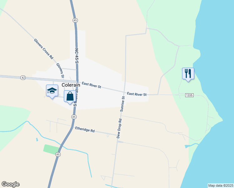 map of restaurants, bars, coffee shops, grocery stores, and more near 404 East River Street in Colerain