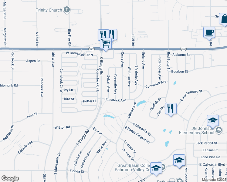 map of restaurants, bars, coffee shops, grocery stores, and more near 1280 Yosemite Avenue in Pahrump