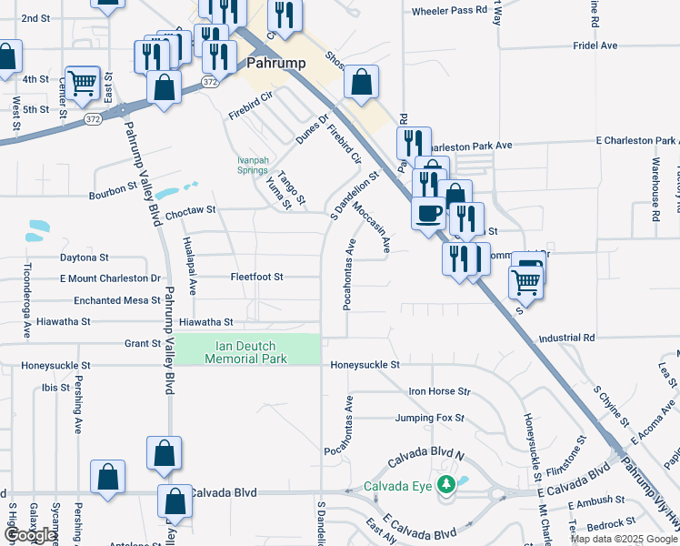 map of restaurants, bars, coffee shops, grocery stores, and more near 1271 South Dandelion Street in Pahrump