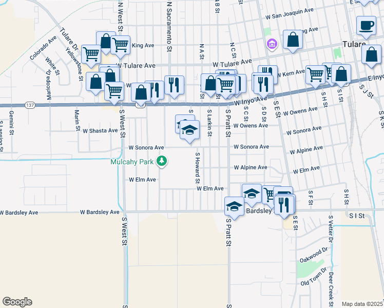 map of restaurants, bars, coffee shops, grocery stores, and more near 1001 West Sonora Avenue in Tulare