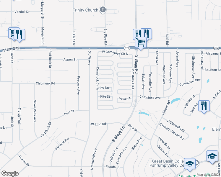 map of restaurants, bars, coffee shops, grocery stores, and more near 221 Ivy Lane in Pahrump