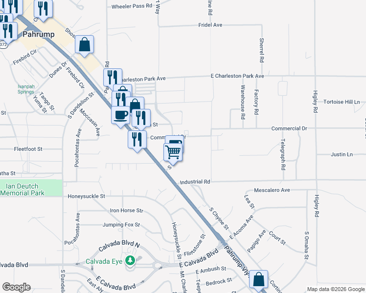 map of restaurants, bars, coffee shops, grocery stores, and more near 2341 Commercial Drive in Pahrump