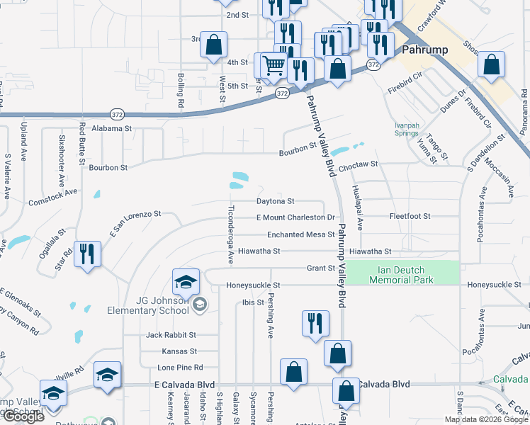 map of restaurants, bars, coffee shops, grocery stores, and more near 3715 East Mount Charleston Drive in Pahrump