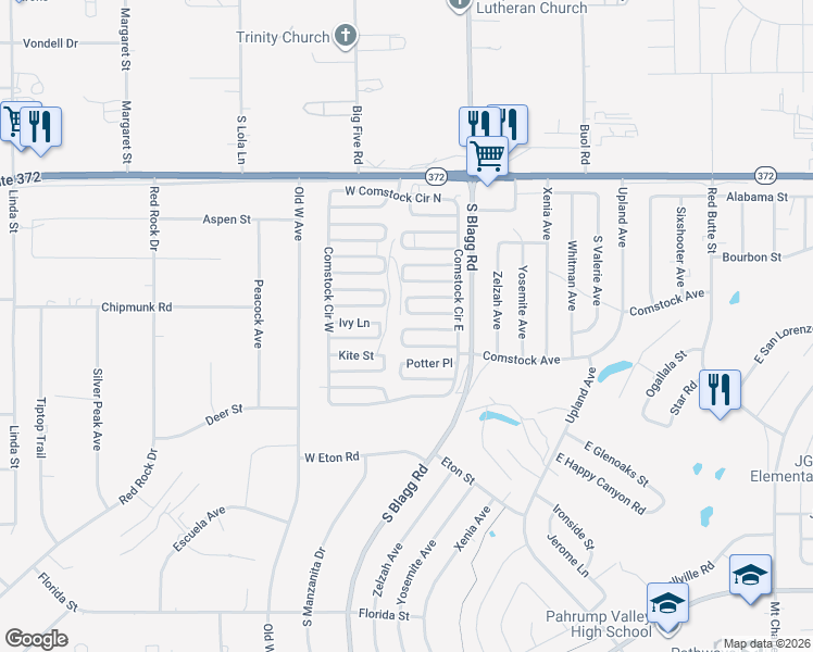 map of restaurants, bars, coffee shops, grocery stores, and more near 91 Tonopah Trail in Pahrump