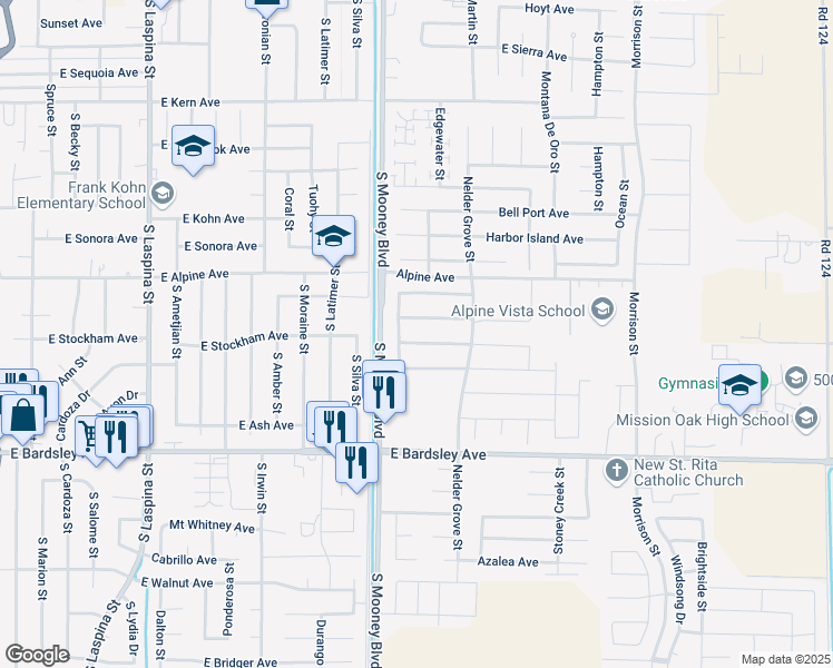map of restaurants, bars, coffee shops, grocery stores, and more near 2310 Kaiser Creek Avenue East in Tulare