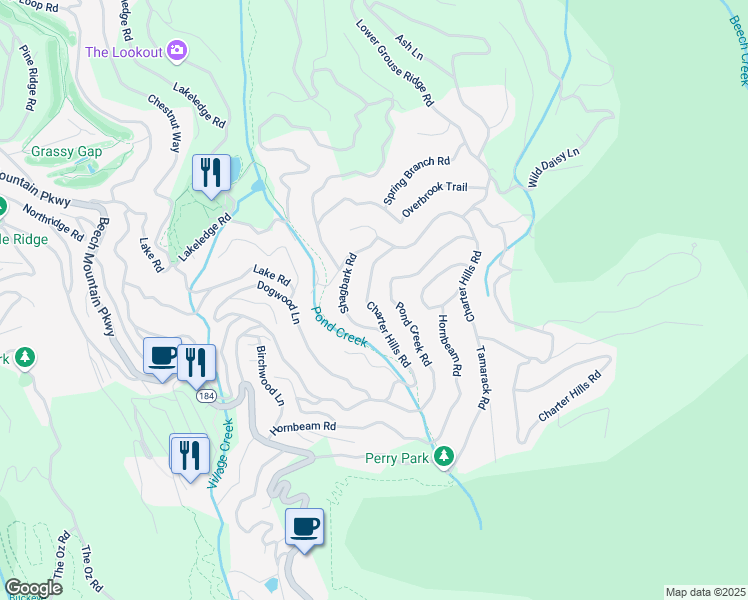map of restaurants, bars, coffee shops, grocery stores, and more near 410 Charter Hills Road in Beech Mountain
