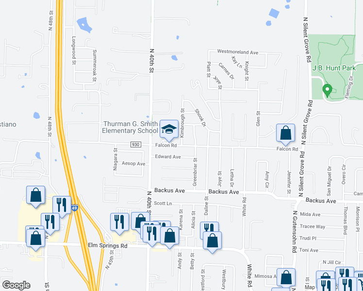 map of restaurants, bars, coffee shops, grocery stores, and more near 3500 Falcon Road in Springdale