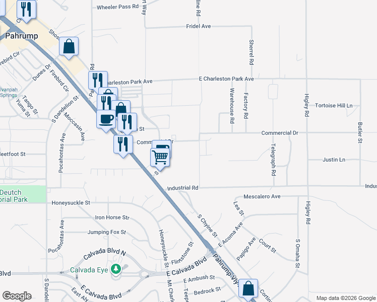 map of restaurants, bars, coffee shops, grocery stores, and more near 2451 Commercial Drive in Pahrump