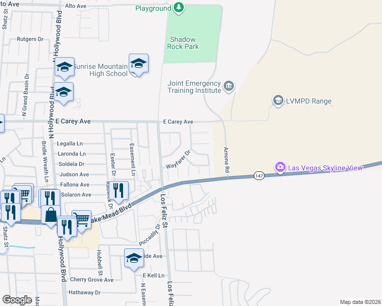 map of restaurants, bars, coffee shops, grocery stores, and more near 7208 Wayfarer Drive in Las Vegas