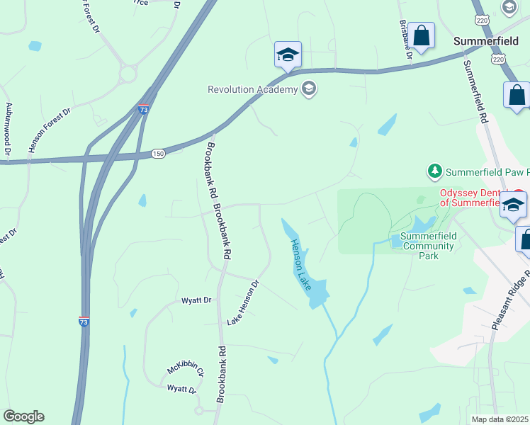 map of restaurants, bars, coffee shops, grocery stores, and more near 7110 Lake Henson Drive in Summerfield