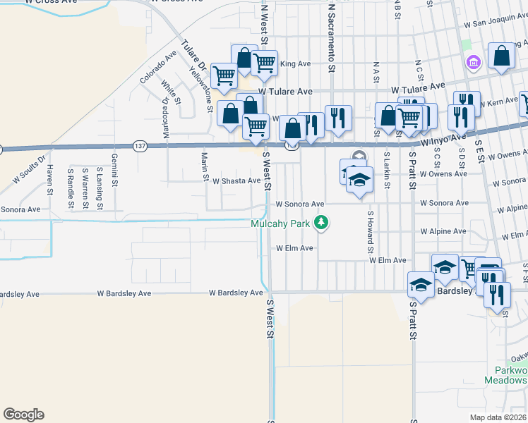 map of restaurants, bars, coffee shops, grocery stores, and more near 1402 West Sonora Avenue in Tulare