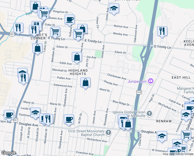 map of restaurants, bars, coffee shops, grocery stores, and more near 1514 Jones Avenue in Nashville