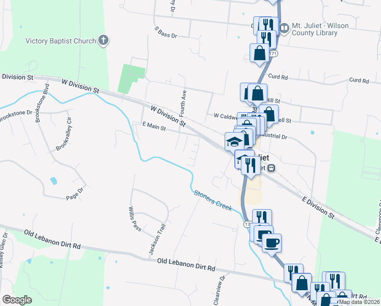 map of restaurants, bars, coffee shops, grocery stores, and more near 211 3rd Avenue in Mount Juliet