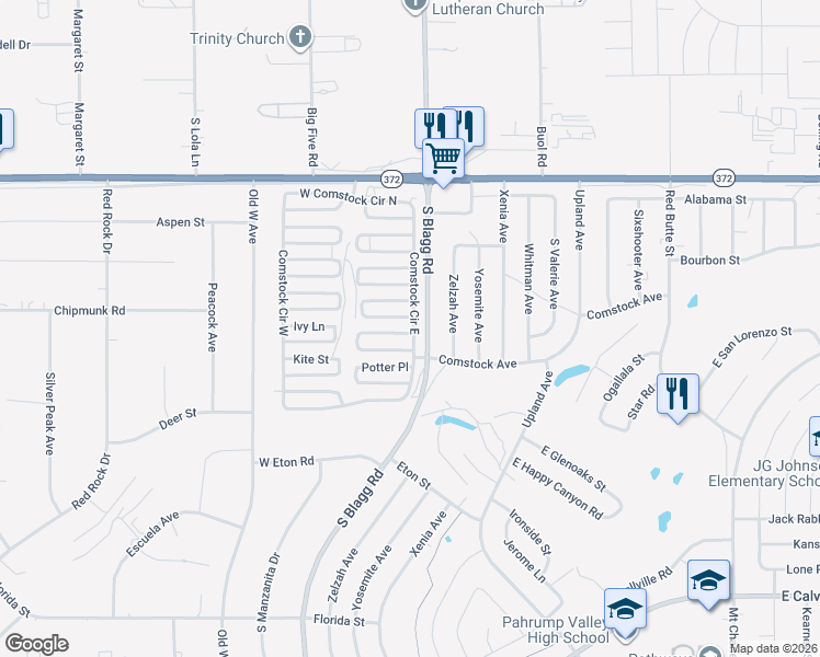 map of restaurants, bars, coffee shops, grocery stores, and more near 1201 Comstock Circle East in Pahrump
