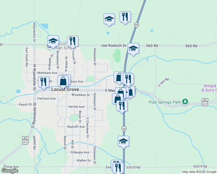 map of restaurants, bars, coffee shops, grocery stores, and more near 114 Maple Street in Locust Grove