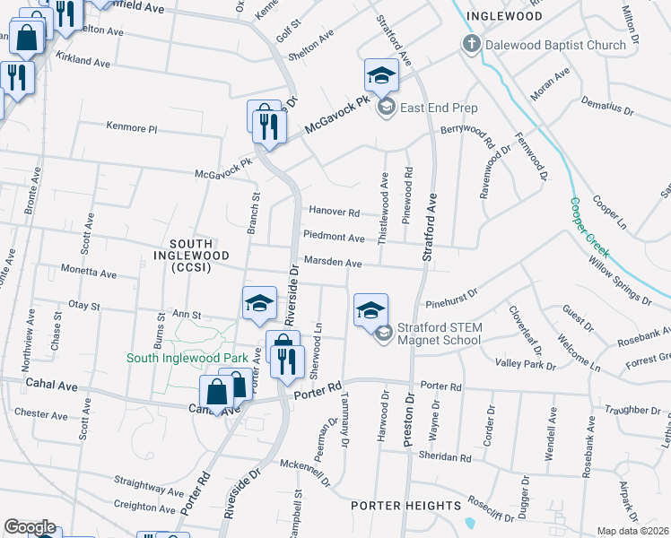 map of restaurants, bars, coffee shops, grocery stores, and more near 1711 Marsden Avenue in Nashville